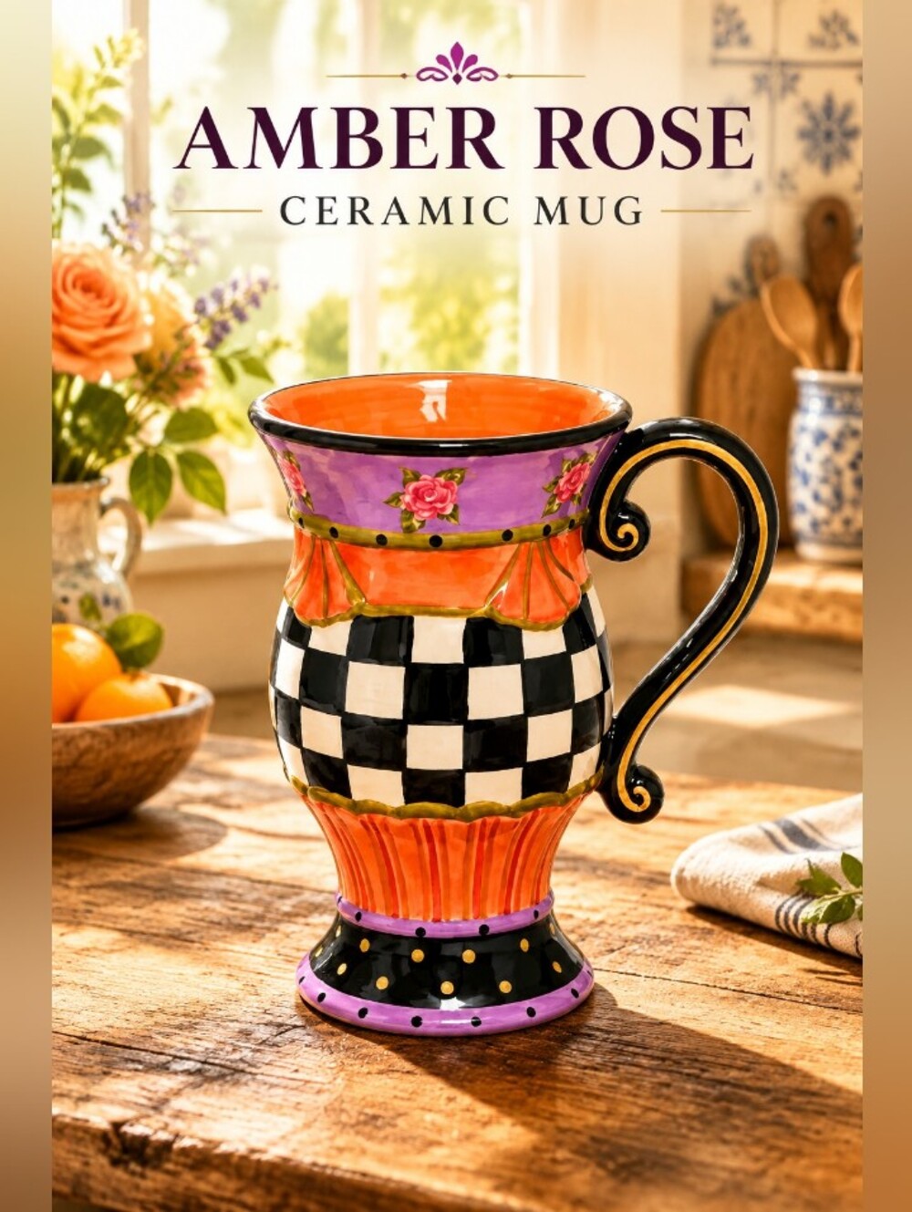 Amber Rose Ceramic Mug- Black & Orange Check Purple Floral Rim